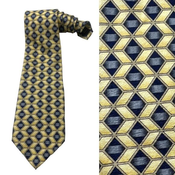 Zianetti Neck Tie Italian Silk Blue Yellow Diamond Print Suit Accessories Formal - Picture 1 of 9
